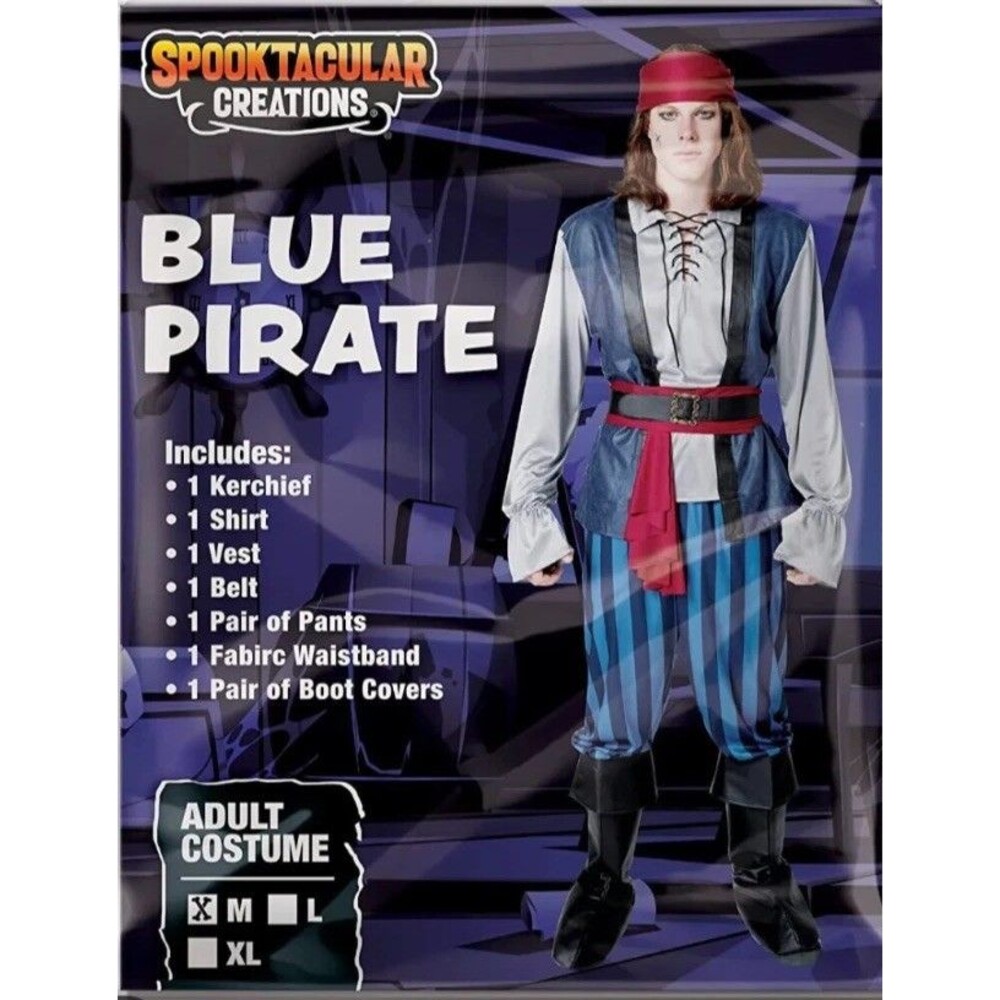 BLUE PIRATE Costume Adult MEDIUM Halloween Cosplay Spooktacular NIP
